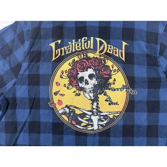 Grateful Dead Womens Skull Rose Crown Print Graphic Blue Plaid Flannel Shirt 2XL - Picture 8 of 10